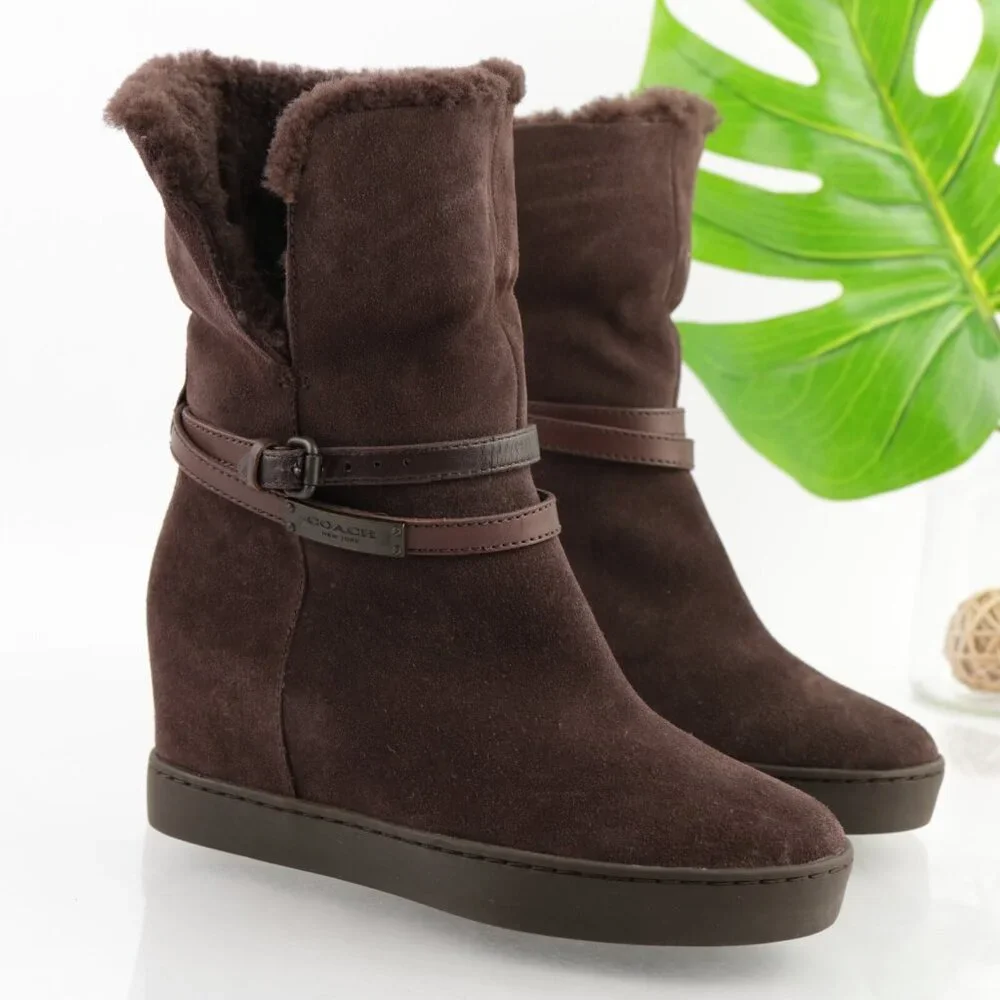 Coach Womens Norell Boots Size 6.5 Brown Suede Hidden Wedge Sherpa Lined Booties